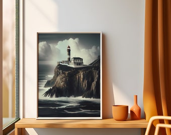 Cool Lighthouse Prints | Nautical Printable Wall Art | Coastal Print | Beach House Decor | Home Decor | Office | Dark | Moody | Cliff