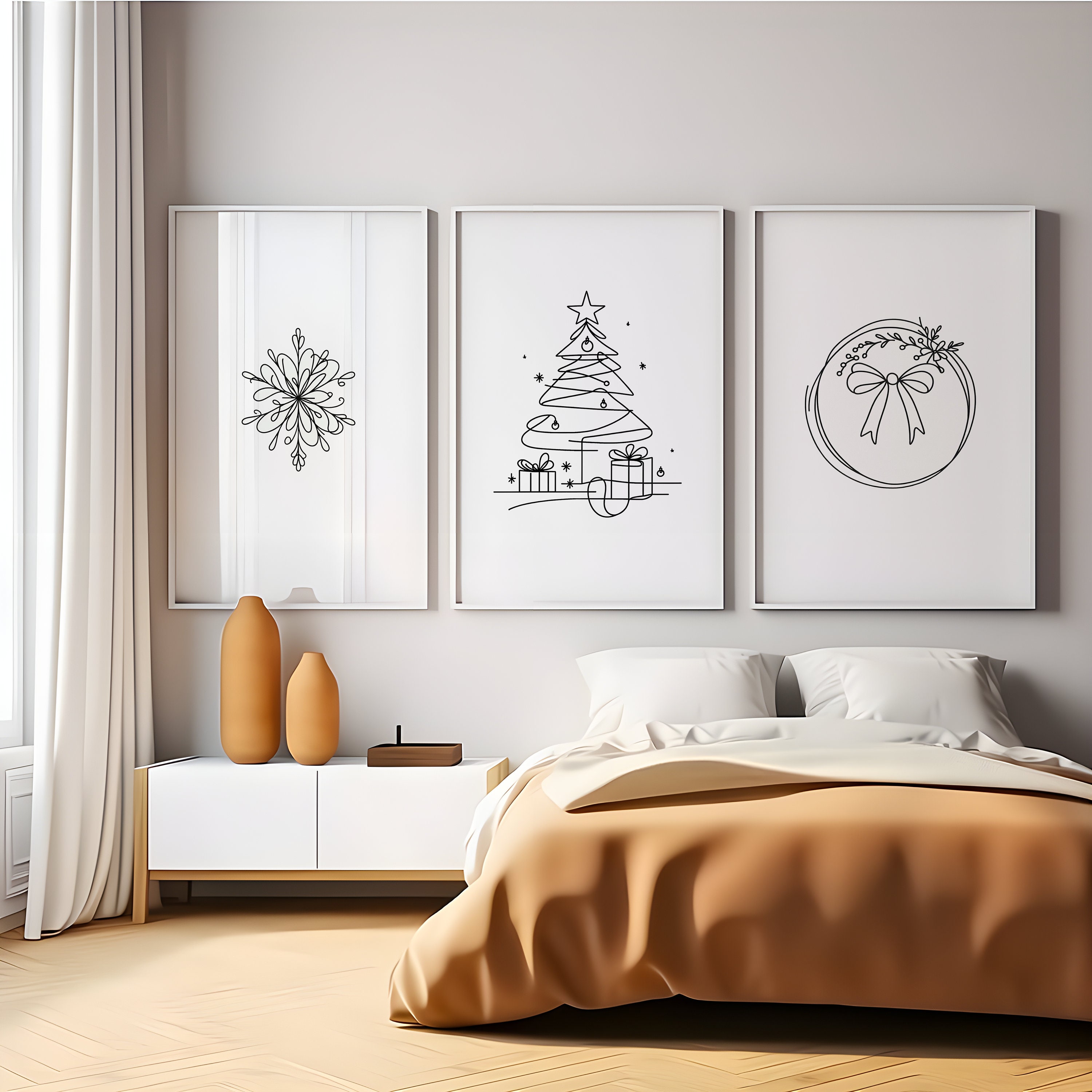 Christmas | Minimalist | Printable Set of 3 | Festive Poster | Home Decor | Snowflake | Tree | Living Room | Digital | Fine Line | One line