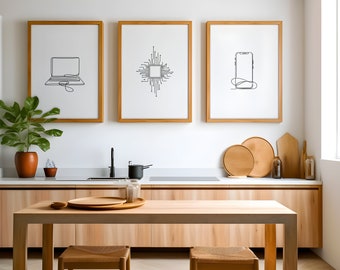 Technology Art | Minimalist | Printable Set of 3 | Nerd Gifts | Home Decor | Wall Art | Gift Idea | Living Room | One Line | Fine Line