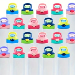 May include: Twenty-two white water bottles with colorful lids. The lids have a variety of colors including blue, green, yellow, pink, and purple.