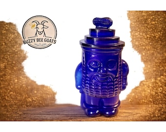 Barattolo per biscotti vintage Planters Mr. Peanut in vetro blu cobalto con coperchio, 33 cm, prodotto negli Stati Uniti.