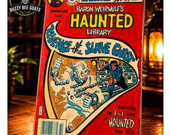 Peut inclure: Une bande dessinée vintage Charlton Comics Baron Weirwulf's Haunted Library, numéro 33, au prix de 50 cents. La couverture rouge présente le titre Revenge of the Slave Ghost, une illustration d'un fantôme enchaîné et le texte All Ditko Art.
