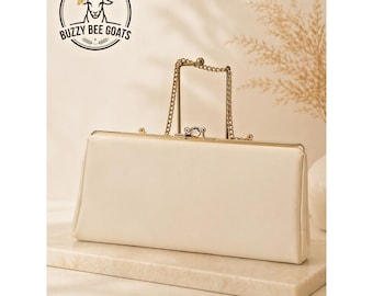 Vintage 50s 60s Off White Clutch Handbag Gold Frame Chain Evening Purse