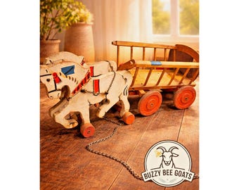 Carro de juguete de madera vintage con forma de caballo, hecho a mano, con ruedas, de la década de 1960.