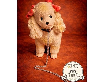 Vintage Poodle Dog Figure White Pink Bows Chain Leash Statue Kitsch