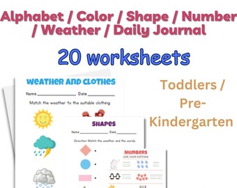 Printable worksheets 20 pages for preschool prekindergarten kids - alphabet colors shapes weather daily journal
