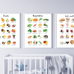 Cartel educativo imprimible comida fruta vegetal para niños pequeños, conjunto de 3 paquetes, decoración del aula de la guardería, Montessori, descarga digital