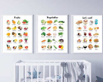 Printable Educational Poster Food Fruit Vegetable for Kids Toddler, Set of 3 bundle, Nursery Classroom Decor, Montessori, Digital Download