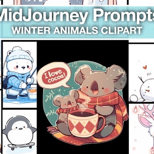 Guía de arte de Midjourney AI: Ideas de ilustraciones minimalistas de animales invernales para stickers e imágenes prediseñadas digitales, ideas de dibujos kawaii