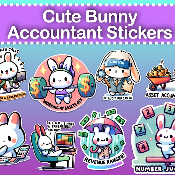 Cute Bunny Accountant Stickers: Gift for accountants, Cute rabbit Prints, digital Planner stickers, pun clipart, Printable A4 Sheets, kawaii