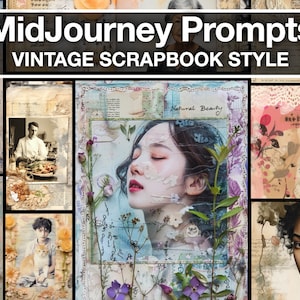 Guía de arte con IA de Midjourney: Ideas románticas para álbumes de recortes vintage, dominio de la impresión digital, arte nostálgico, inspiración de diseño atemporal