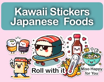 Kawaii Food Stickers: Cute Japanese Prints, digital Planner stickers, Fun Digital PNG, Printable A4 Sheets, Sweet Catchphrases, GoodNotes