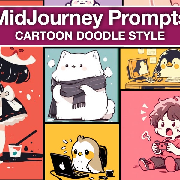 Midjourney AI Guide Cute Cartoon Kawaii Prompts, Digital Print Artistry, Sticker & Clipart Design, Doodle art, AI Cartoon Prompt Mastery
