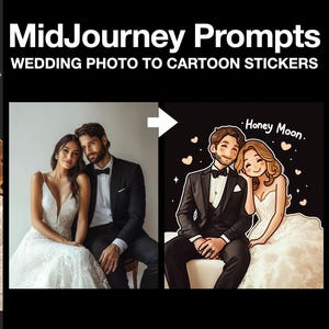 Pegatinas de caricaturas de fotos de bodas profesionales de alta calidad con mensajes de Midjourney Prompt, arte de IA probado y personalizable, los mejores mensajes de IA