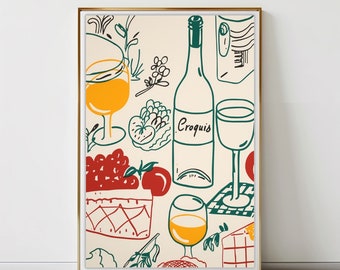 French Bistro Wine and Cheese Print: Gourmet Kitchen Wall Art (Digital Download)