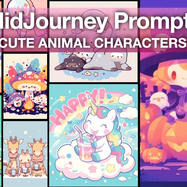 Midjourney AI Art Guide Super Kawaii Animals Whimsical Characters, Digital Print Cartoon Prompts, Sticker Design, Cute Kawaii Artistry