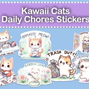 Kawaii Watercolor Cat Daily Chores Stickers: Cute animal Prints, digital Planner stickers, Fun Digital PNG, Printable A4 Sheets, GoodNotes