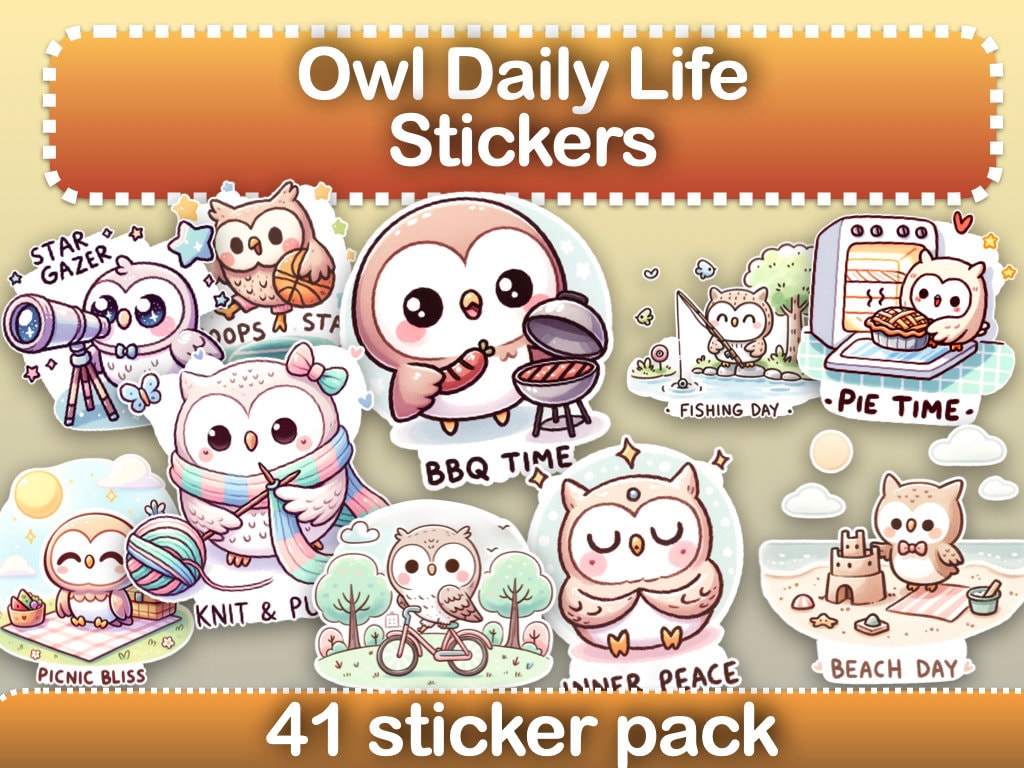 Kawaii Owl Stickers: Daily Life, Planner Stickers (PNG, A4, GoodNotes)
