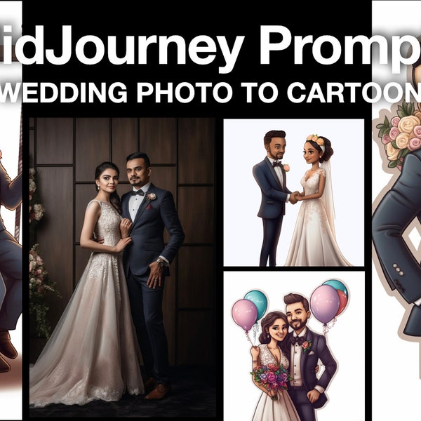 Midjourney Prompt Professional High Quality Wedding Photo to Cartoon Caricature Avatar AI Art Tested & Customisable, Best Midjourney Prompts