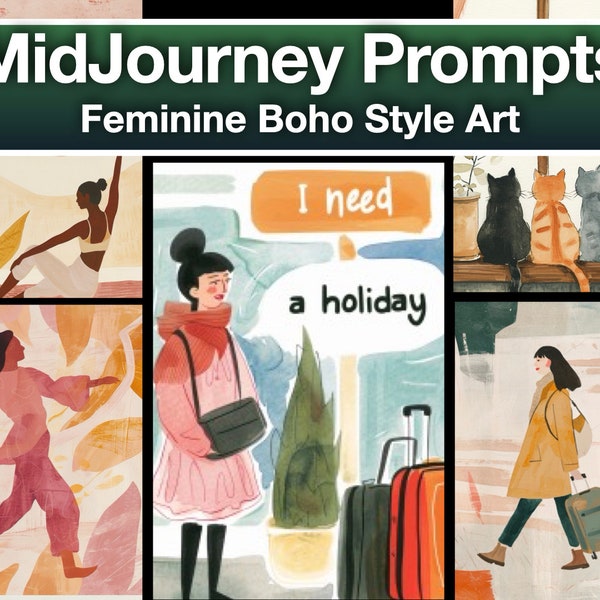 Midjourney AI Feminine Boho Art Style Prompts, watercolor Illustrations & Prints Design, AI Bohemian Style Illustrations Prompt Mastery