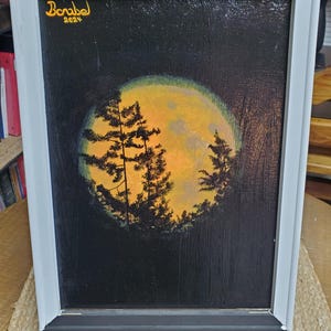 harvest moon, moon painting, nature painting, moon, supermoon, supermoon painting, moody painting, sturgeon supermoon, nature, woods, forest