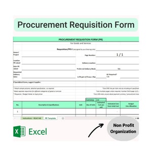 Op de afbeelding: Een Procurement Requisition Formulier voor goederen en diensten, met velden voor projectdetails, leveringsinformatie en kostenramingen. Het formulier bevat de tekst "Procurement Requisition Form" en "Non Profit Organization". De valuta is USD.