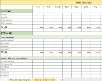 May include: A 2023 budget spreadsheet with columns for each month of the year and rows for income and expenses. The spreadsheet includes categories for salary, child benefit, mortgage, groceries, and monthly bills.