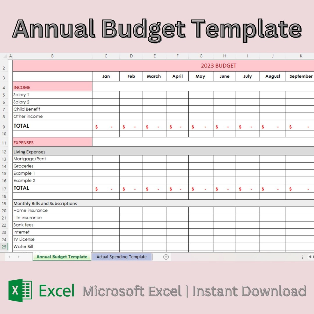 Annual Monthly Budget Actual Spreadsheet Budget Excel Etsy