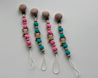 Handmade Highland Cow Silicone Pacifier Clip with Beech Wood Accent