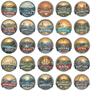 Peut inclure: Une collection de vingt-cinq autocollants circulaires, chacun présentant une illustration unique d'un État américain. Chaque autocollant comprend un paysage ou un monument, un lever de soleil et une bannière affichant le nom de l'État.