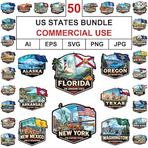 Puede incluir: Una colección digital de 50 emblemas de estados de EE. UU. con monumentos icónicos, banderas estatales y etiquetas de texto. El paquete incluye formatos de archivo AI, EPS, SVG, PNG y JPG, presentados como una hoja gráfica para uso comercial.