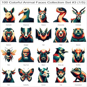 May include: A collection of 20 colorful animal face illustrations, including an aardvark, albatross, alpaca, anaconda, and antelope. The set is labeled "100 Colorful Animal Faces Collection Set #3 (1/5)".