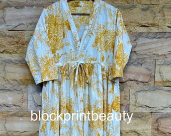 Hand Block Print Cotton Dress: Bohemian Midi Wrap, Summer Wear