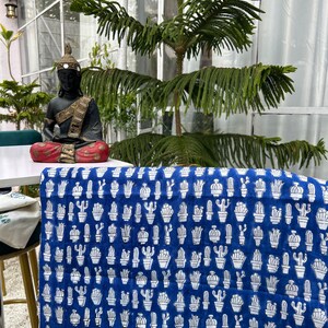 Blue Floral Block Print Fabric: Indian Cotton, Handmade