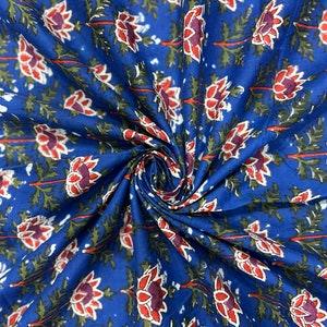 Blue Floral Block Print Fabric, Cotton Fabric, Hand Block Print Indian Cotton Fabric, Printed fabric By The Yard crafting fabric