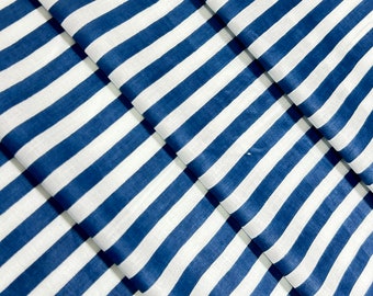 Tela de algodón a rayas azules: estampado indio con bloques, tela para acolchado hecha a mano.