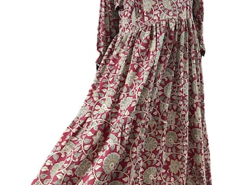 Hand Block Printed Organic Cotton Dress: Indigo Floral Long Dress
