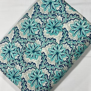 Turquoise Floral Block Print Fabric: Indian Cotton Sewing Fabric