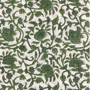 Green floral print hand block print fabric soft fabric dress fabric sewing fabric fabric by the yard