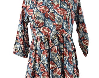 Hand Block Printed Organic Cotton Dress: Indigo Blue Floral