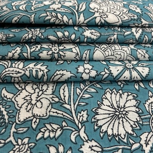 Turquoise Floral Block Print Cotton Fabric: Indian Sewing Fabric
