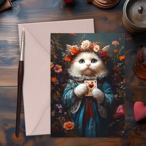 Cartão para impressão comemorando meu gatinho florido Valentine, cartão de felicitações em branco 5x7, download digital, medieval, dia dos namorados, gato, felino
