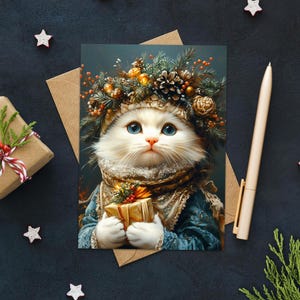 Printable Christmas Card with Renaissance Kitty Cat #2 Themed Art, 5x7 Blank Greeting Card, Digital Download, Classic & Classy Christmas