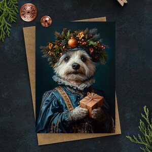 Cartão de Natal para impressão com arte temática de cachorro terrier renascentista, cartão de felicitações em branco 5x7, download digital, Natal clássico e elegante
