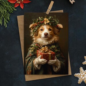 Cartão de Natal para impressão com tema de arte do cão Collie renascentista nº 2, cartão de felicitações em branco 5x7, download digital, Natal clássico e elegante