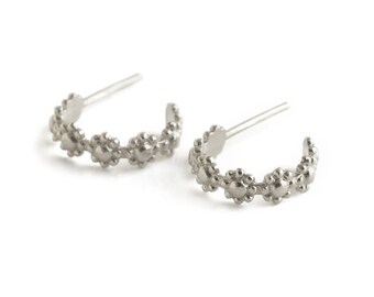 Silver Flower Earrings, Dainty Silver Earrings, Open Hoop Earrings, Sterling Silver Stud Earrings,Unique Silver Jewelry Women,Flower Earring
