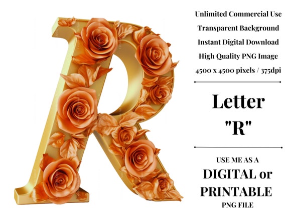 Vintage Flower Letter R Monogram Initial Instant Download 