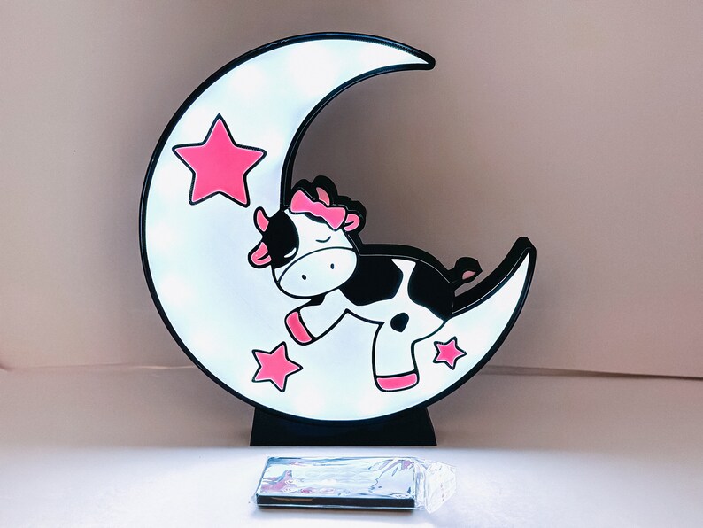 Cow Led Light Box / Kids Room / Cow Night Light / Cow Sleeping on Moon