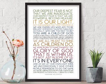 Our Deepest Fear Print / Glory of God / Unframed / Marianne Williamson / Motivational Quote ...