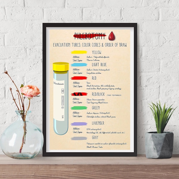 Phlebotomy Knowledge Poster, Phlebotomy Wall Art Evacuation Tube Color Codes & Order Of Draw Canvas, Digital Print Tubes Office Decor